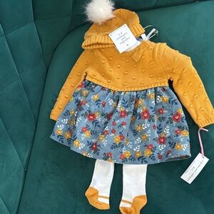 NWT Cupcakes & Cashmere Golden Knit Dress with Bow, Hat and Tights